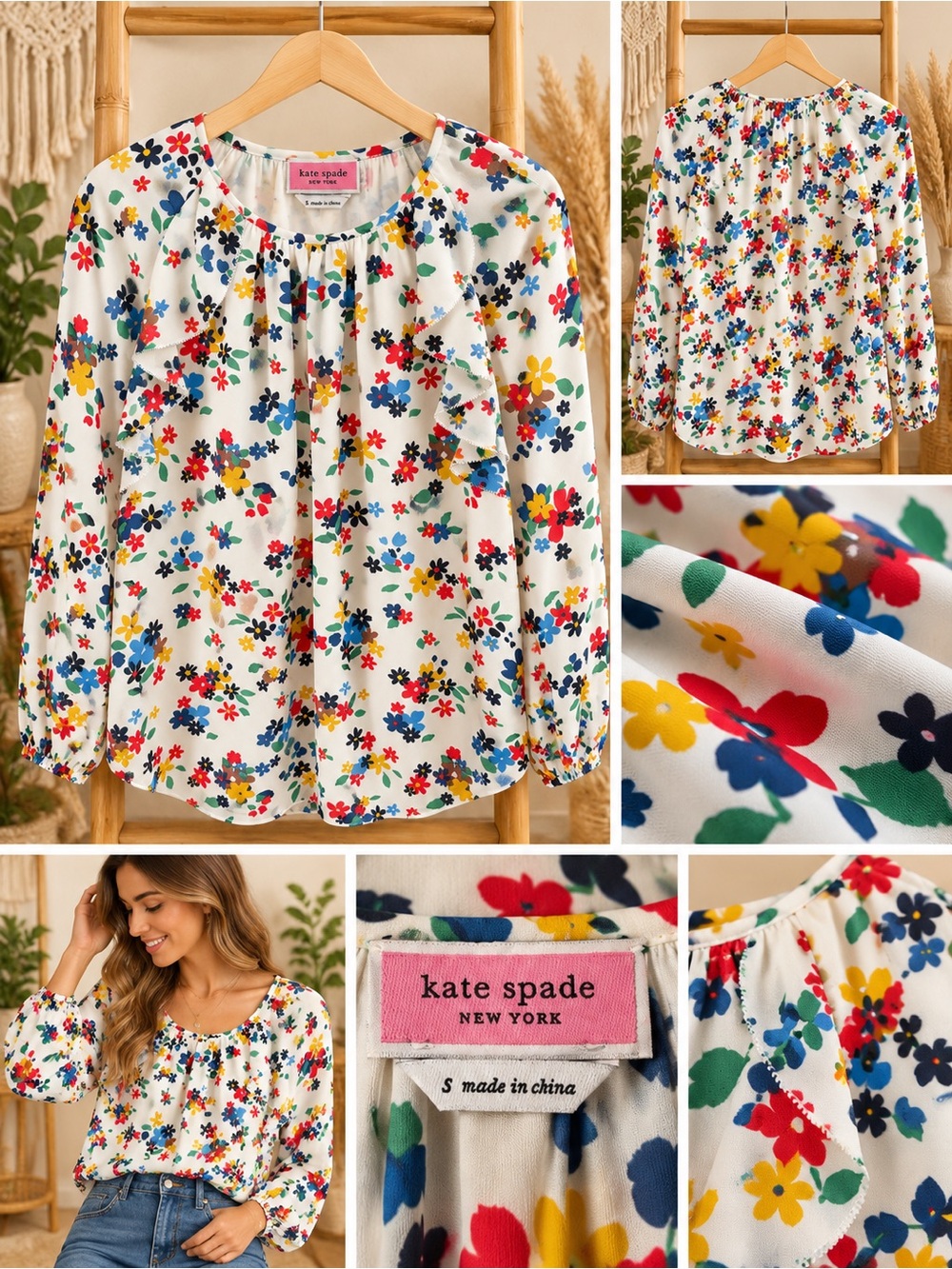 kate spade White Multi Floral Ruffled Peasant Blouse Size S
